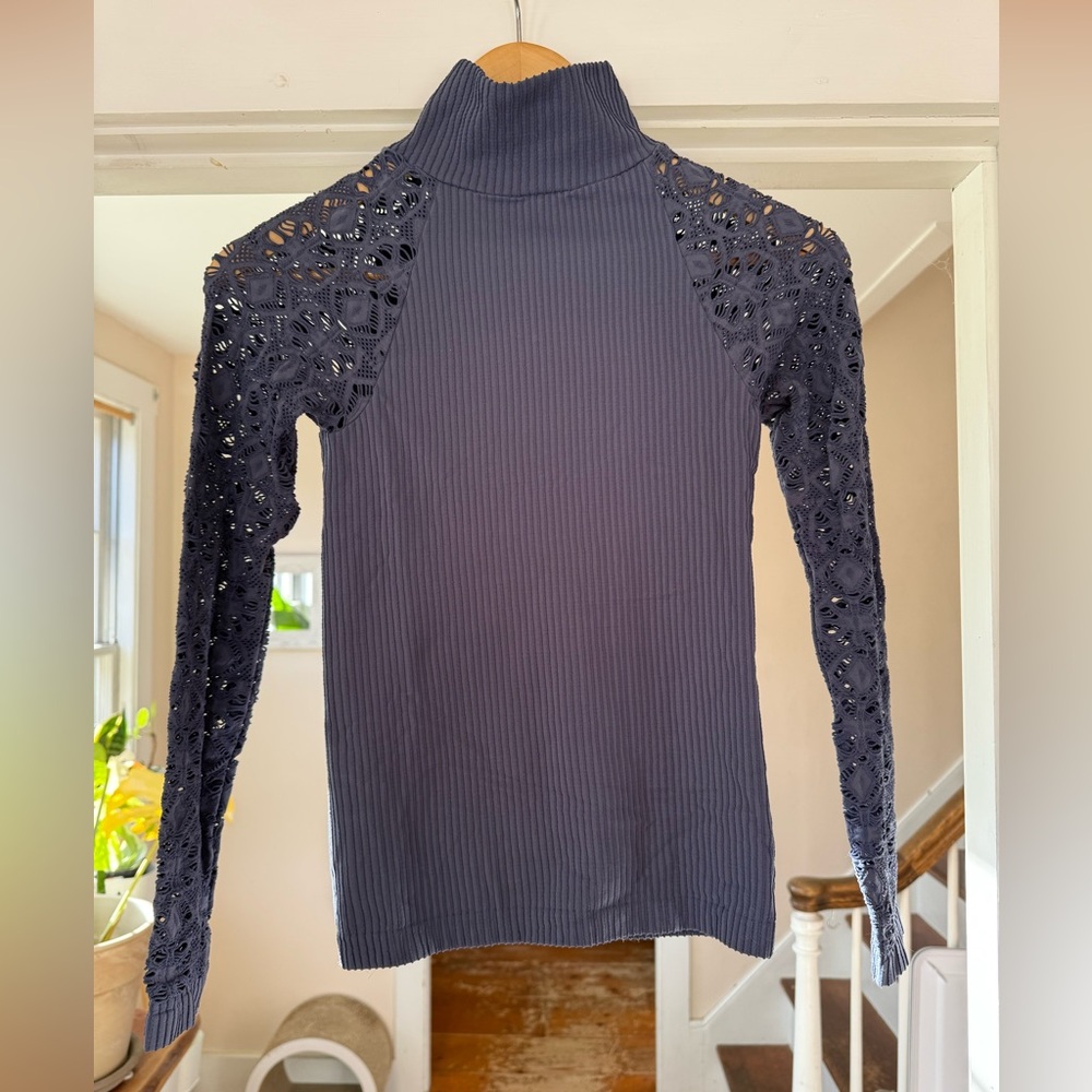 Free People Navy/Purple Long Sleeve Lace Top